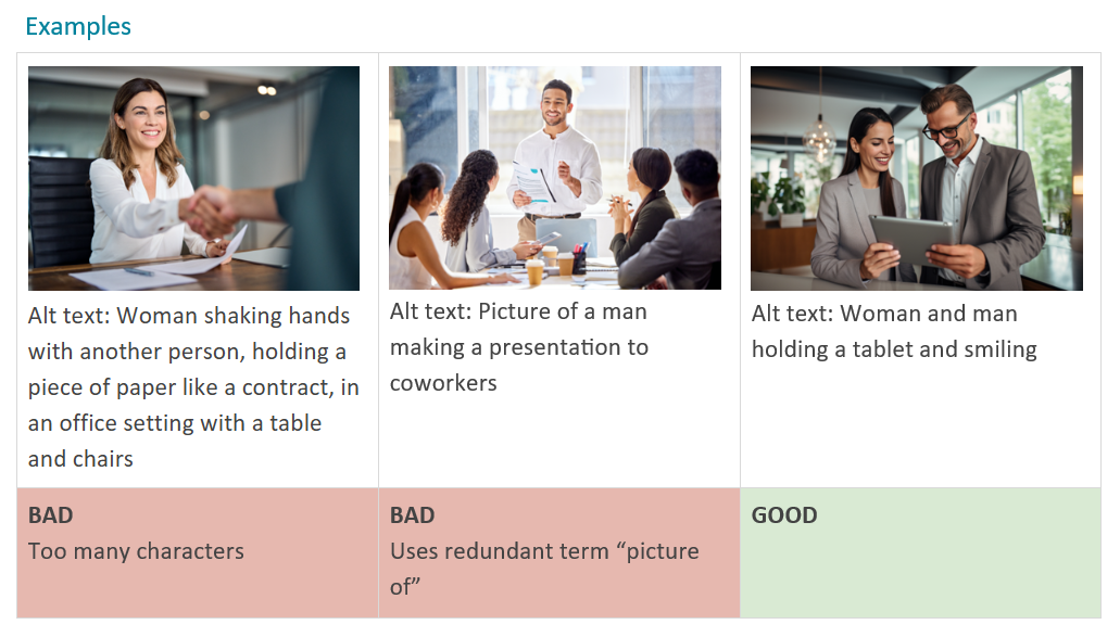 Infographic showing the dos and don'ts of of alt text